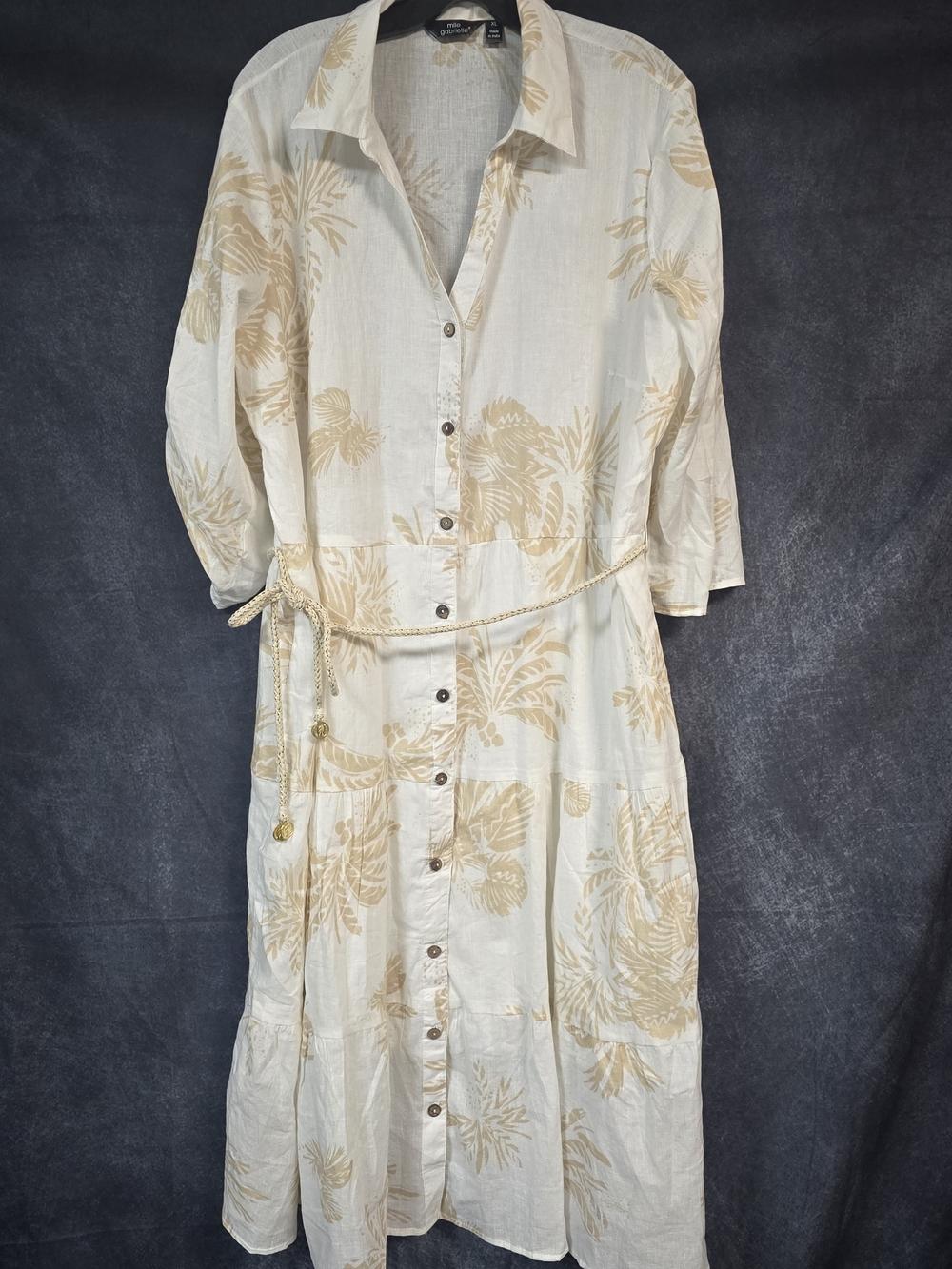 Mlle Gabrielle Cream and Beige Tropical Print Midi Shirt Dress